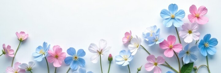 Forget-me-nots in soft pastel hues blooming on a pristine white surface, whimsical scene, delicate petals, forget me nots white surface blue flowers