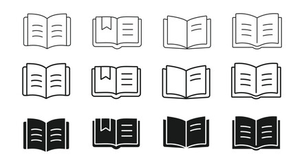 Open book icons set, outline and solid, bookmark, reading symbol