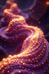 Fototapeta premium Fractal waveforms dance in shimmering gold light, purple hues, holographic, shimmering
