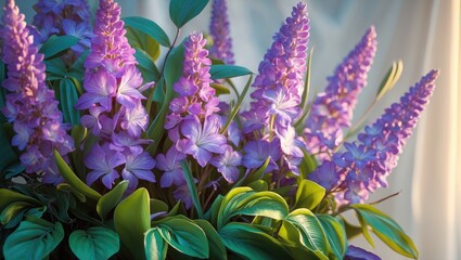 Vibrant Purple Orchid Flowers Surrounded by Lush Green Leaves in Natural Light Setting