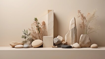 1. "Serene Nature Composition: Stones and Dry Flowers on a Neutral Beige Background for Beauty Branding"