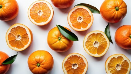 Fresh Tangerines and Halved Slices on White Background with Leaves Showcasing Vibrant Citrus Colors and Textures for Food Photography