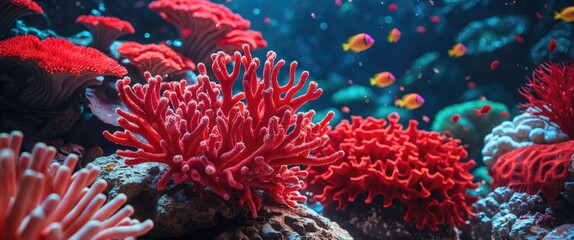 Vibrant underwater scene featuring red coral formations surrounded by colorful fish and soft corals in a lively marine environment