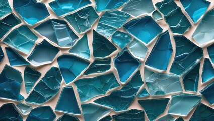 Colorful glass shards texture in blue and teal hues creating an artistic mosaic background for design or decorative purposes.