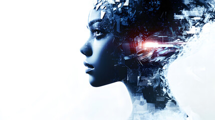 Futuristic digital portrait of a woman bright white background art creation technology concept close-up angle