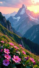 Gentle blooms amidst rugged mountain peaks at dawn, sunrise, serene