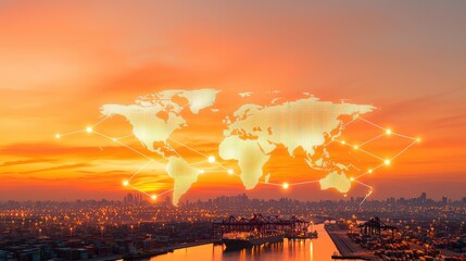 A vibrant sunset view with a digital world map overlay, symbolizing global connectivity and technology.cargo management warehouse scheduling