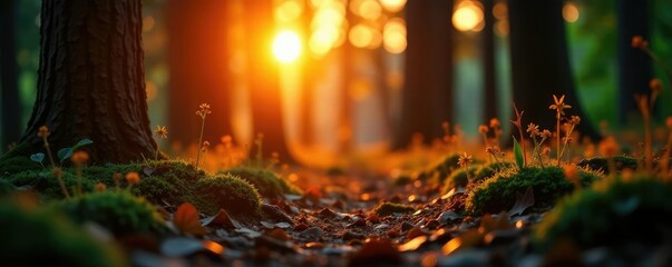 Gentle glow of sunset's warm golden light on forest floor at dusk, warm, floor