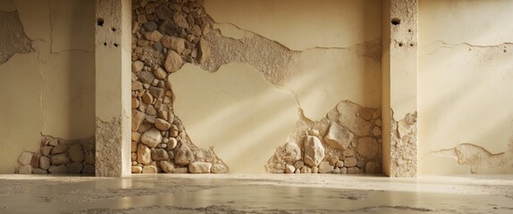 Vintage textured concrete wall with exposed stones for interior or exterior design, showcasing natural patterns and artistic floor texture.