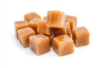 Caramel candy cubes on solid white background. Neural network AI generated