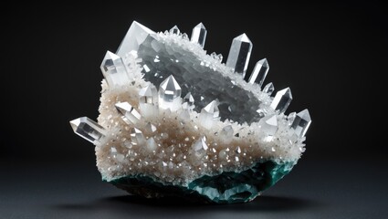 Quartz crystal geode with druse and clear quartz points on a black background showcasing natural beauty and elegance in mineralogy