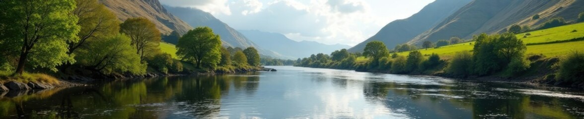 Obraz premium Gentle river waters flowing through serene Scottish hills and valleys, Water, Landscape