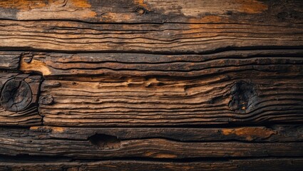 Detailed close-up of weathered wooden texture showcasing rich grain patterns and rustic imperfections ideal for backgrounds and design projects.