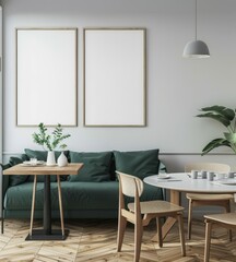 Minimalist living room interior design with green sofa. wooden table. and two blank frames on the white wall