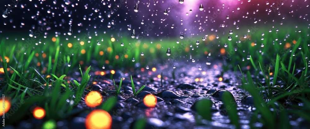 Canvas Prints raindrops falling on vibrant green grass with glowing orbs and a colorful blurred background creatin