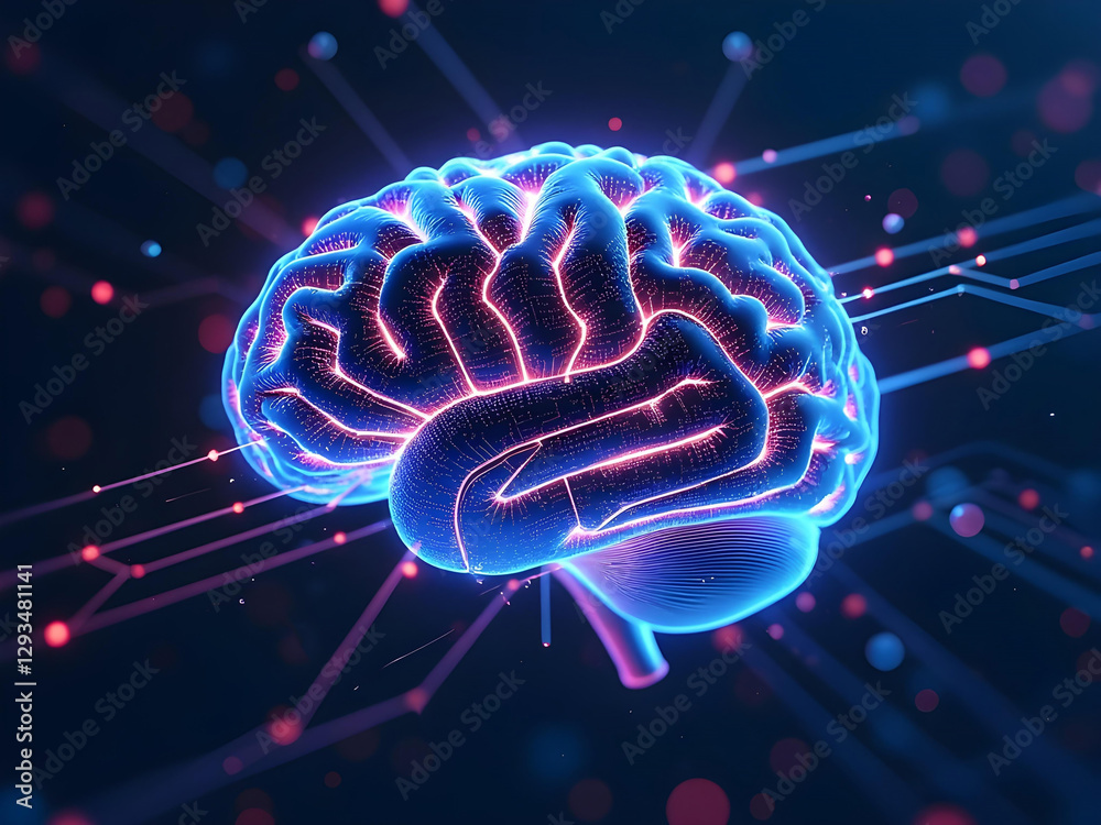 Poster National Ai Day, A glowing blue brain with circuit patterns on a dark background with abstract lights, symbolizing artificial intelligence and neural networks