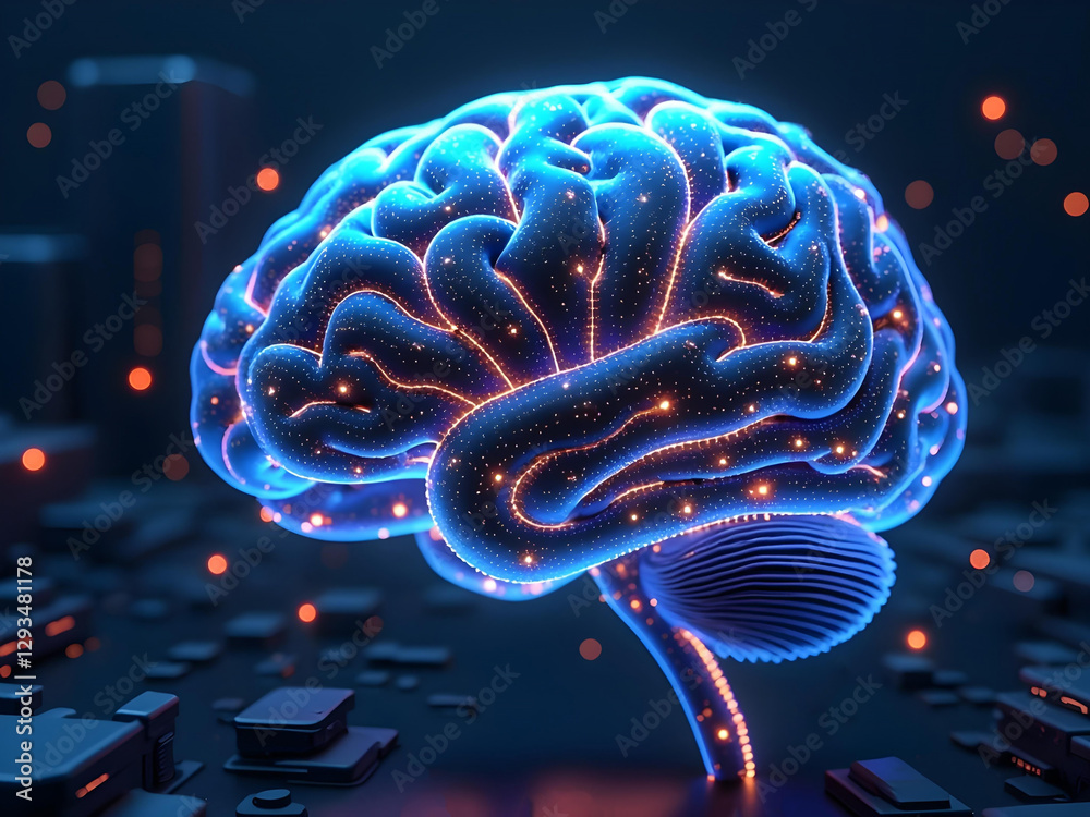 Poster National Ai Day, A glowing blue brain with circuit patterns on a dark background with abstract lights, symbolizing artificial intelligence and neural networks