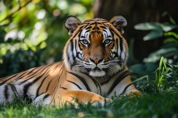 Obraz premium Majestic Bengal Tiger Portrait in Lush Greenery, Captivating Gaze