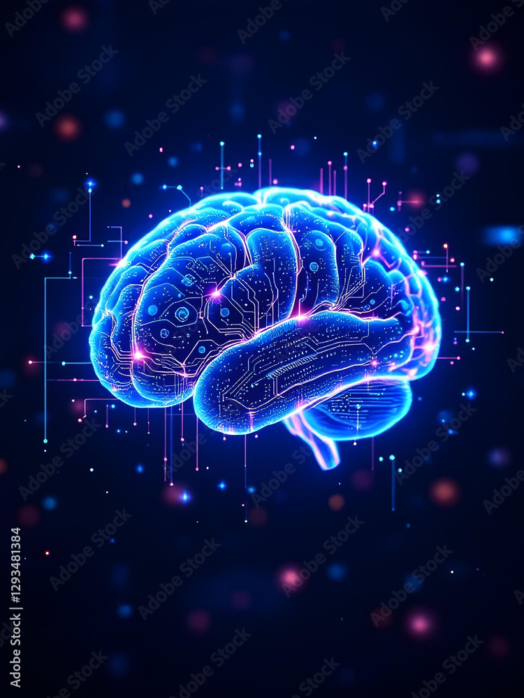Poster National Ai Day, A glowing blue brain with circuit patterns on a dark background with abstract lights, symbolizing artificial intelligence and neural networks