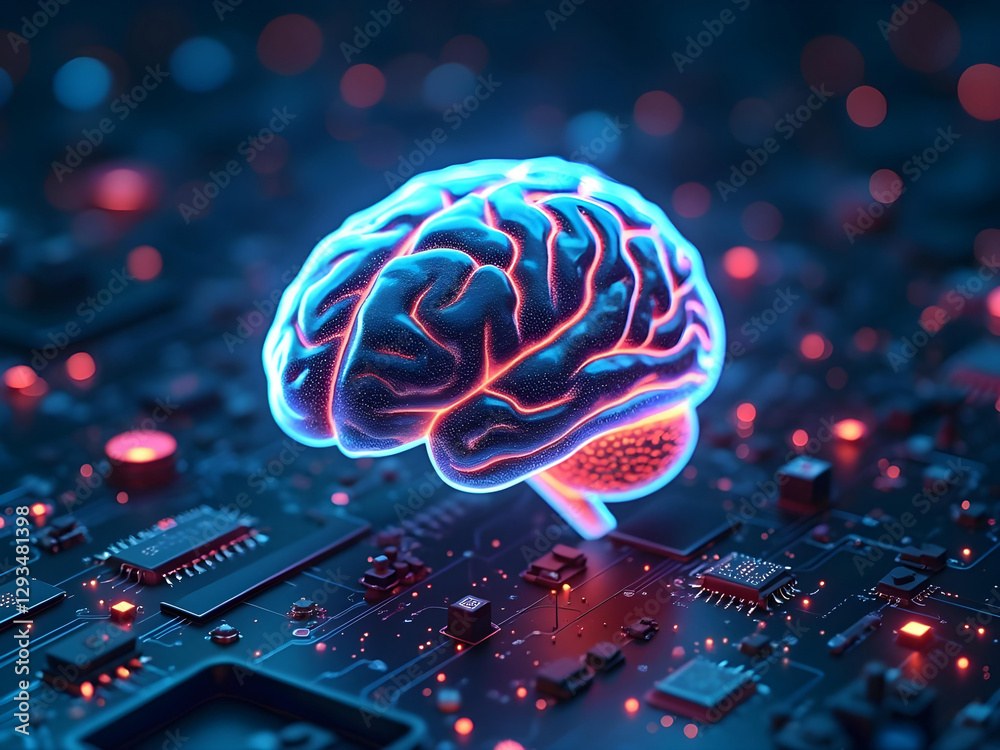 Poster National Ai Day, A glowing blue brain with circuit patterns on a dark background with abstract lights, symbolizing artificial intelligence and neural networks