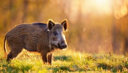 Majestic Wild Boar in Vibrant Spring Meadow at Sunset, Capturing the serene Beauty of Natures Palette