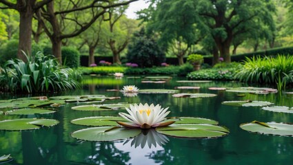 Serene Water Lily Blooming on Tranquil Pond Surrounded by Lush Greenery in Arboretum Setting