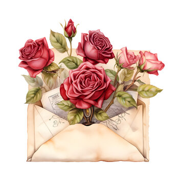 Romantic retro floral envelope with red roses for special occasion greetings. Wedding invitation, greeting card. Isolated design element