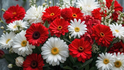 Fototapeta premium Vibrant bouquet of red and white flowers featuring daisies and gerberas for a colorful floral arrangement.