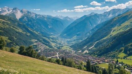 Fototapeta premium Breathtaking Mountain Valley Landscape with a Quaint Village Surrounded by Lush Green Slopes and Clear Blue Skies on a Sunny Summer Day