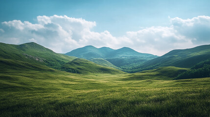 Fototapeta premium Serene green mountain valley landscape under a blue sky with fluffy clouds view calm hills rural