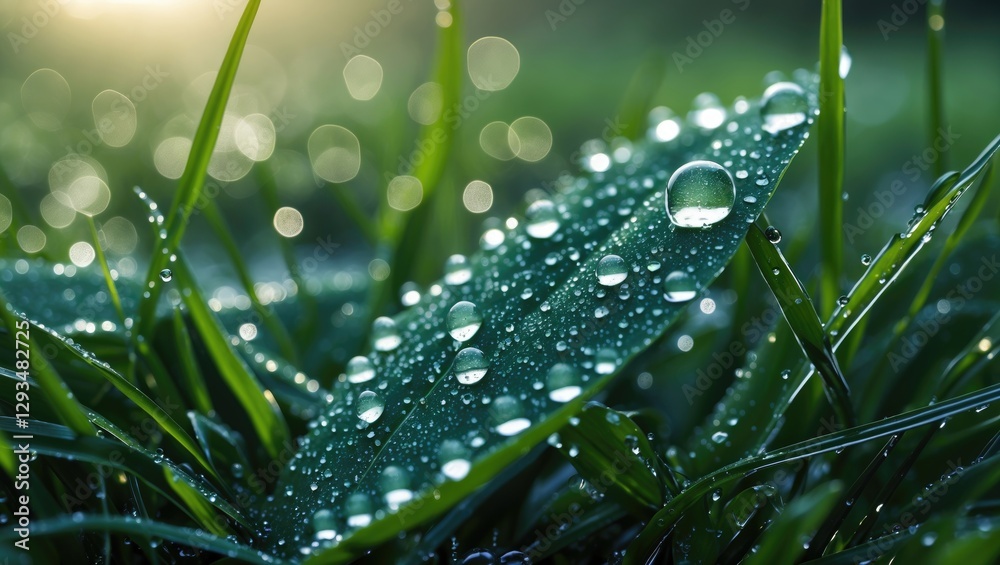 Wall mural morning dew drops on green grass leaf with soft light bokeh background and copy space for text. extr