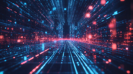 Abstract digital cityscape neon lights glowing lines futuristic technology background red blue 3d