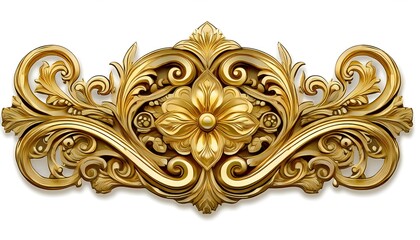 Golden decorative element, Ornate Gold Decorative Element on White Background, Antique Gold Carved Decorative Element in Baroque Style