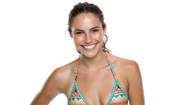 portrait of a smile young woman in bikini isolated on white