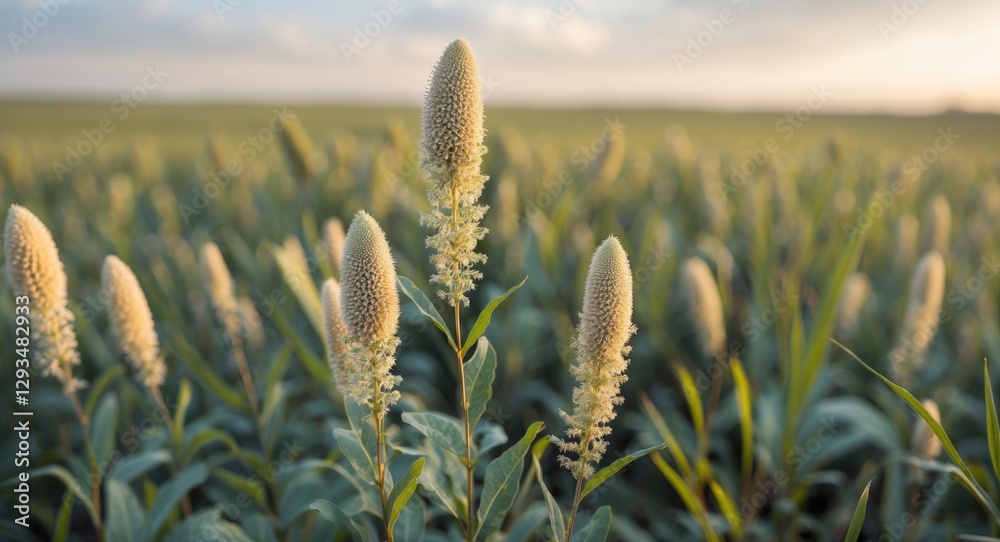 Wall mural ragweed flowering in a lush green field with soft sunset light and ample copy space for text overlay