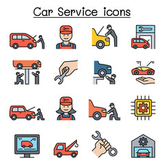 Car service & maintenance icon set in thin line style