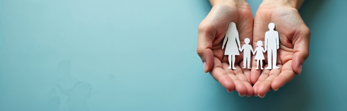 Hands hold paper family cutout on blue background. Caring hands offer support for mom, dad, children figures. Family wellbeing, mental health, life insurance, adoption and foster care concept.