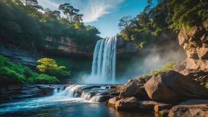 Obraz premium Majestic Rainbow Falls Cascading Over Cliffs Surrounded by Lush Greenery and Rock Formations Under a Clear Blue Sky