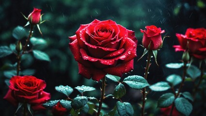 Elegant red roses with water droplets in a lush garden setting, perfect for backgrounds or as stunning wallpaper decoration.