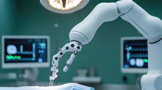 Surgical robot arm poised for precise operation in advanced medi