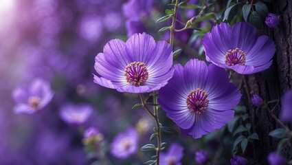 Purple Cosmos Flowers in Full Bloom with Textured Petals Climbing Vines in a Late Summer Garden Setting.