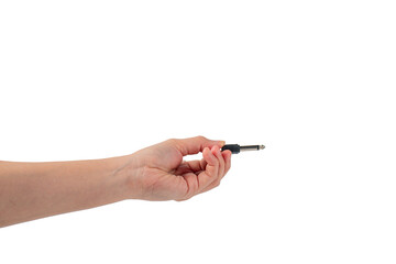 Hand and black audio cable aux isolated on transparent background