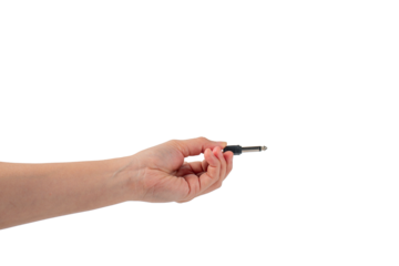 Hand and black audio cable aux isolated on transparent background