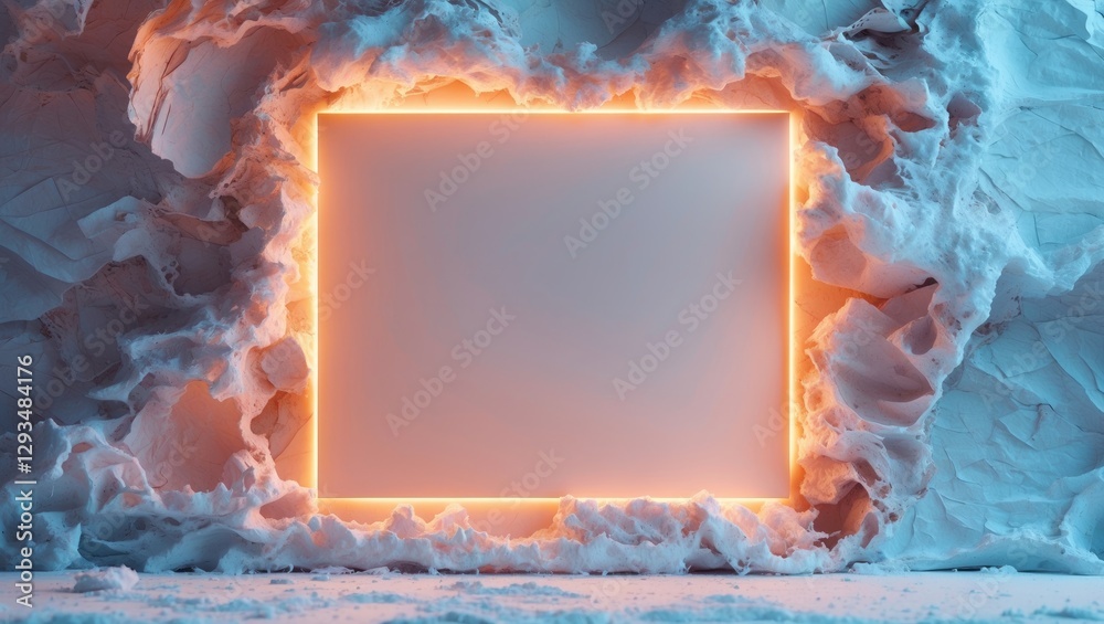 Poster illuminated empty frame surrounded by textured paper wall creating a modern and artistic backdrop fo