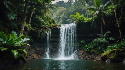 Fototapeta premium Serene Tropical Waterfall Surrounded by Lush Greenery and Vibrant Flora in a Peaceful Forest Environment