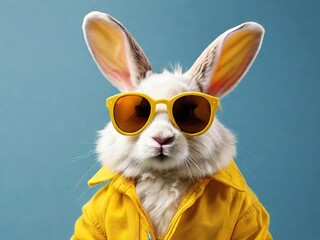 Adorable White Bunny Wearing Stylish Yellow Sunglasses on a Bright Background
