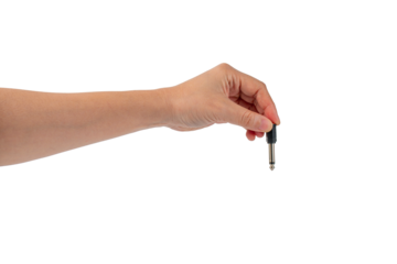 Hand and black audio cable aux isolated on transparent background