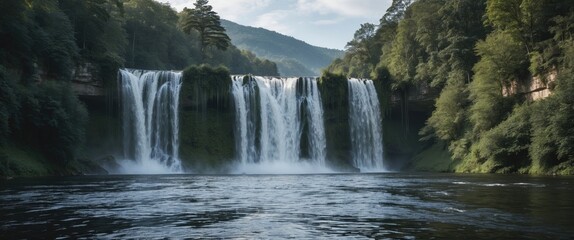 Fototapeta premium Majestic waterfall cascading into serene river with lush greenery and mountains in background, perfect for nature-themed content and text overlay.
