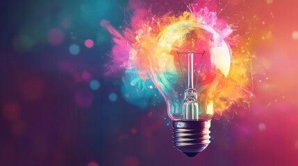 Creative Lighting: A classic incandescent light bulb surrounded by colorful particle flares - the perfect poster for art spaces and modern interiors