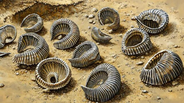 Fossilized ammonites displayed on a sandy surface reveal ancient marine life from a distant past